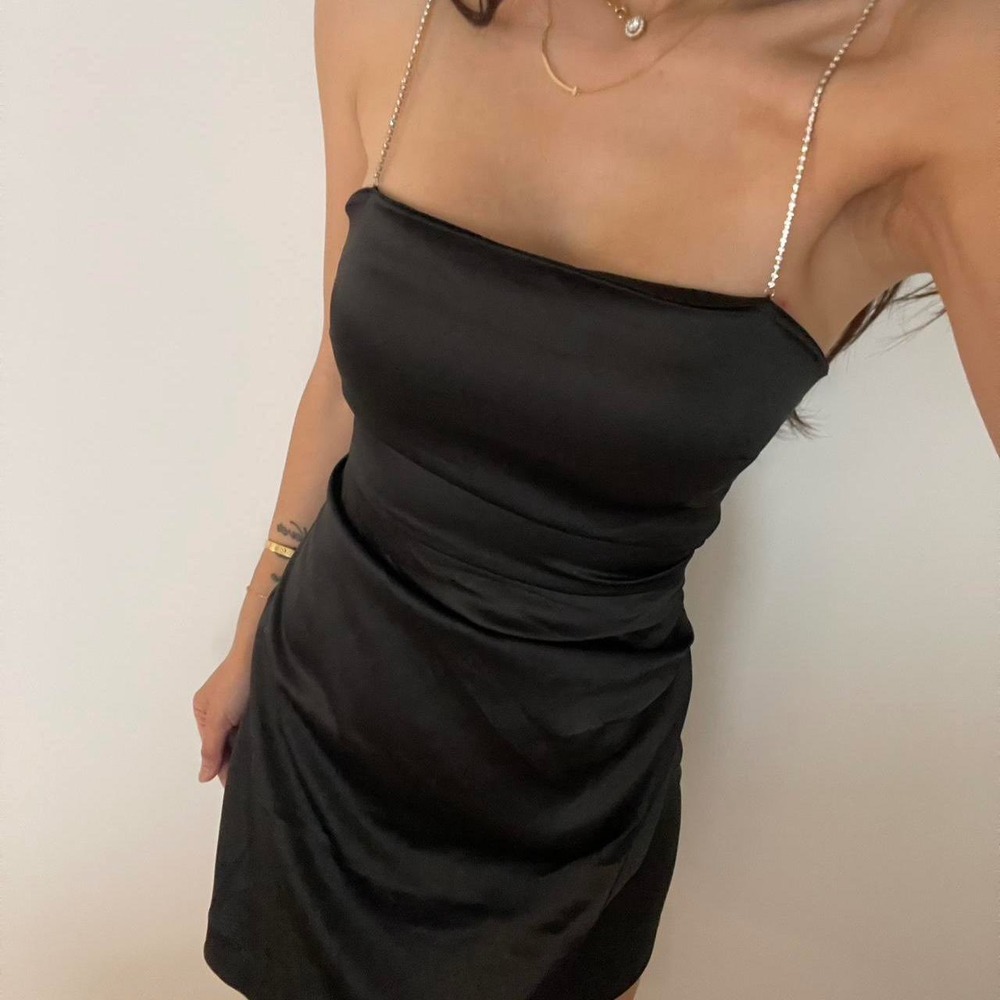 Zara Black Satin Mini Dress Rhinestone Chain Straps Ruched Size S Party NWT